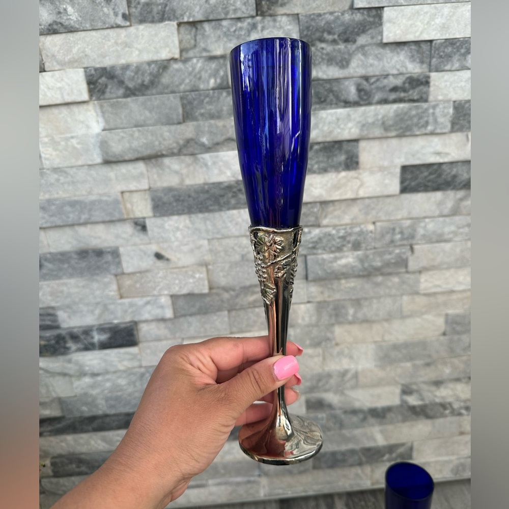 Silver plated cobalt blue fluted Champaign glasses Set of 2 - Picture 11 of 12